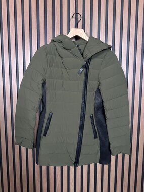New Mackage Jacket Small Green Khaki Puffer Tabita Lambskin Nylon Asymmetrical C